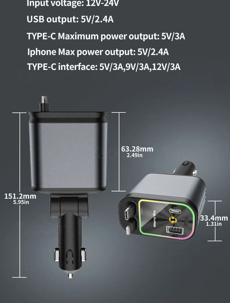 Retractable Cable Fast Charging Car Phone Charge