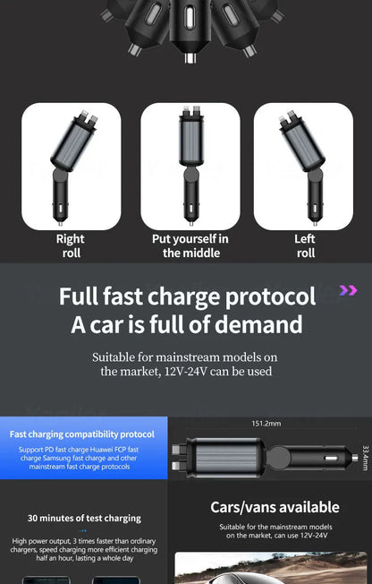 Retractable Cable Fast Charging Car Phone Charge